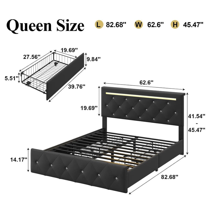 Upholstered Bed Frame With LED Lights, 4 Storage Drawers, Charging Station by HouseOfZazla