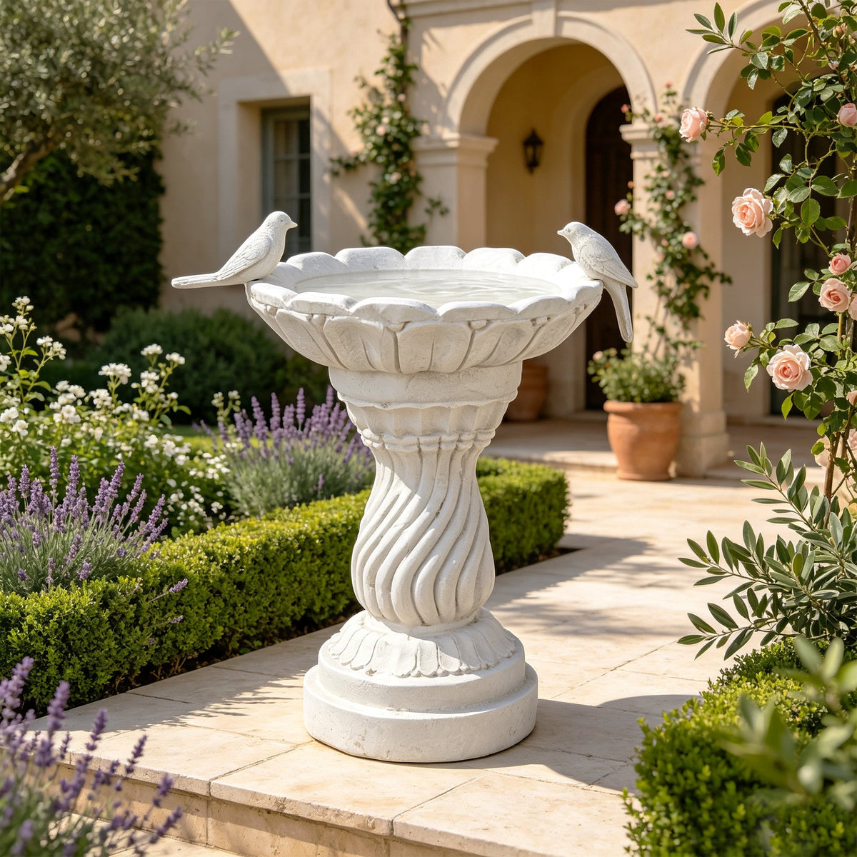 Magnesium Oxide Garden Bird Bath Statue with Twisted Pedestal - White Stone Finish, photo 8 of 10