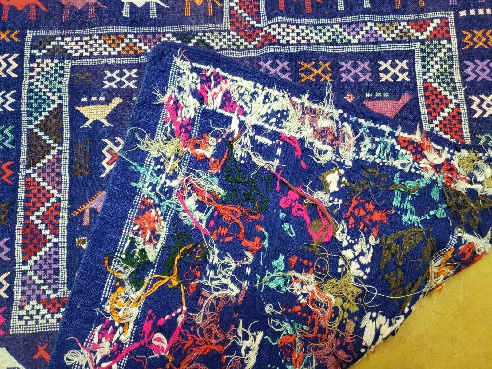 3' X 7' Vintage Handmade Indian Wool Kilim Flat weave Rug Camel Birds Blue Geometric Short Runner by Jewel Rugs