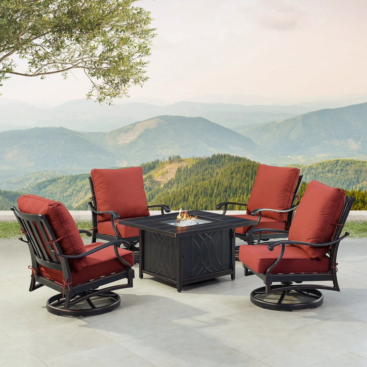 Black Aluminum Fire Table Set with Four Club Chairs by Sharicks