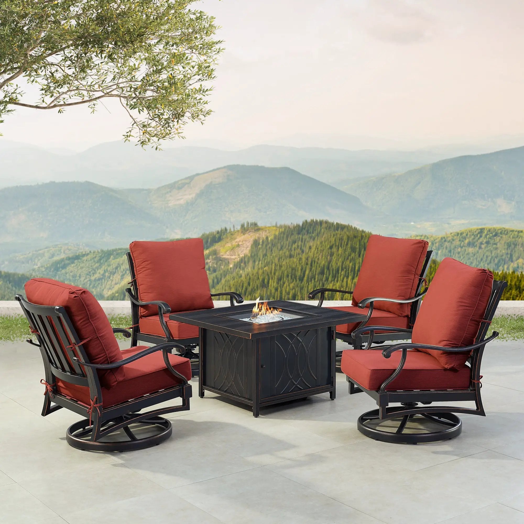 Black Aluminum Fire Table Set with Four Club Chairs by Sharicks