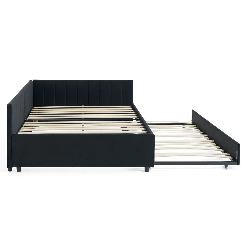 Full Size Upholstered Daybed With Trundle, Tufted Backrest And Armrests - Black