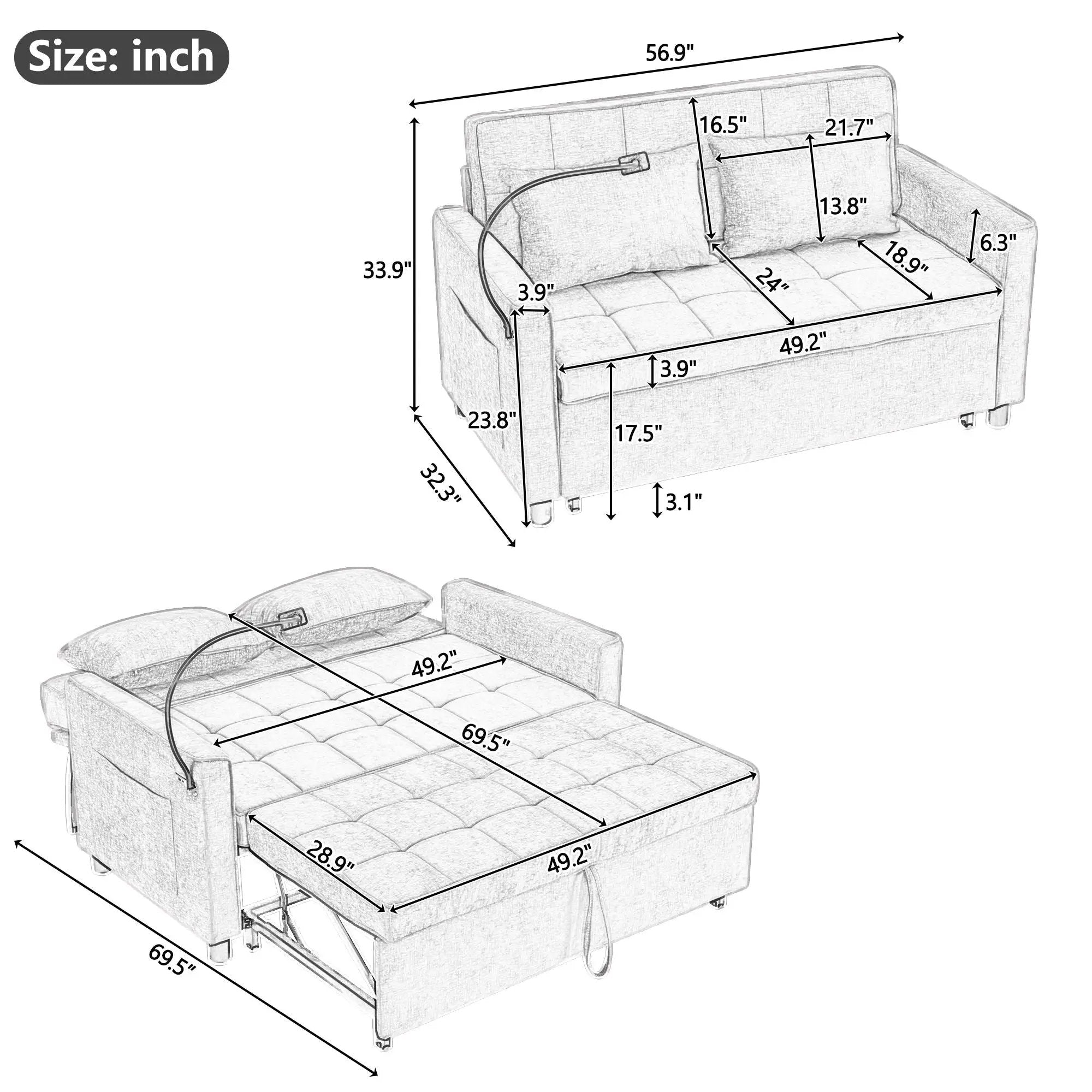 Pull-Out Sleeper Sofa With Reversible Backrest Cushion, Side Pockets, 2 USB Ports And A Phone Holder For Living Room by HouseOfZazla