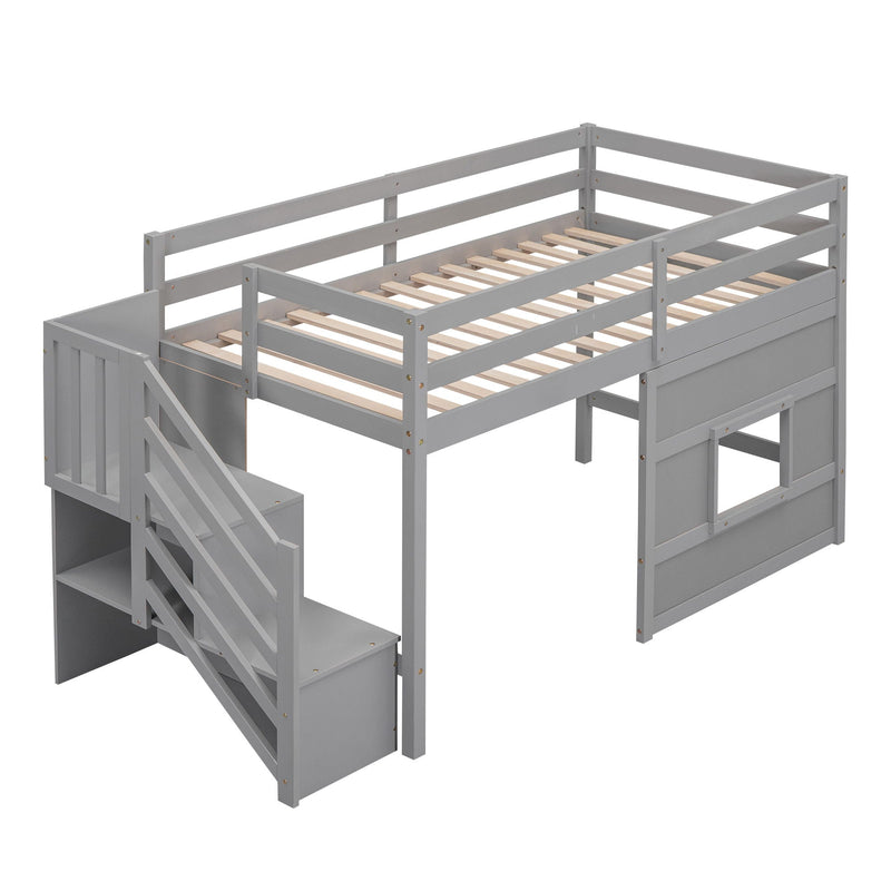 Loft Bed With Storage Staircase, Window & LED Light
