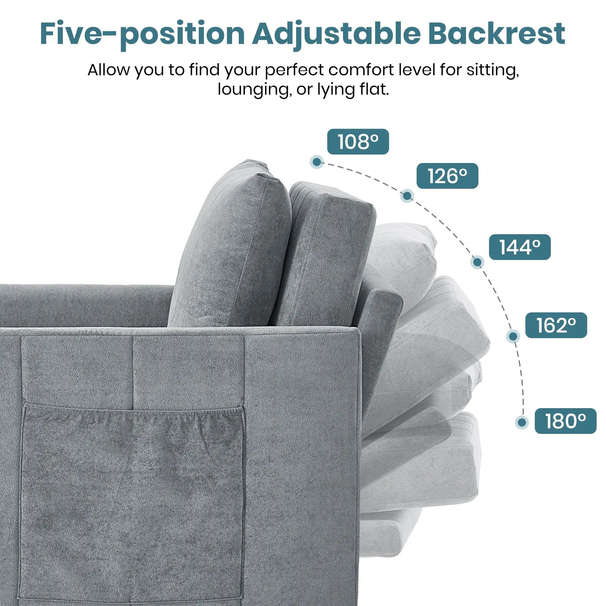 Upholstered Convertible Sleeper Sofa With 5 Position Backrest, Side Pockets, Storage