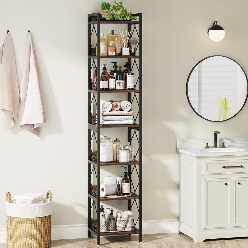 Extra Tall 7 Tier Narrow Corner Bookshelf Storage Display Rack For Living Room - Rustic Brown by HouseOfZazla