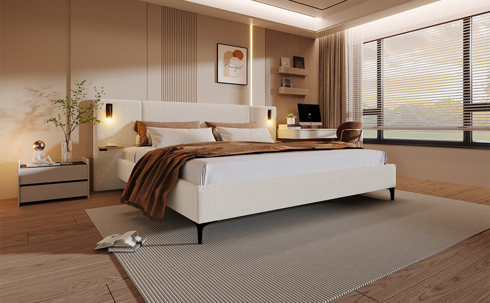 Chic Boucle Upholstered Bed with Integrated Lights and Shelves, photo 3 of 10