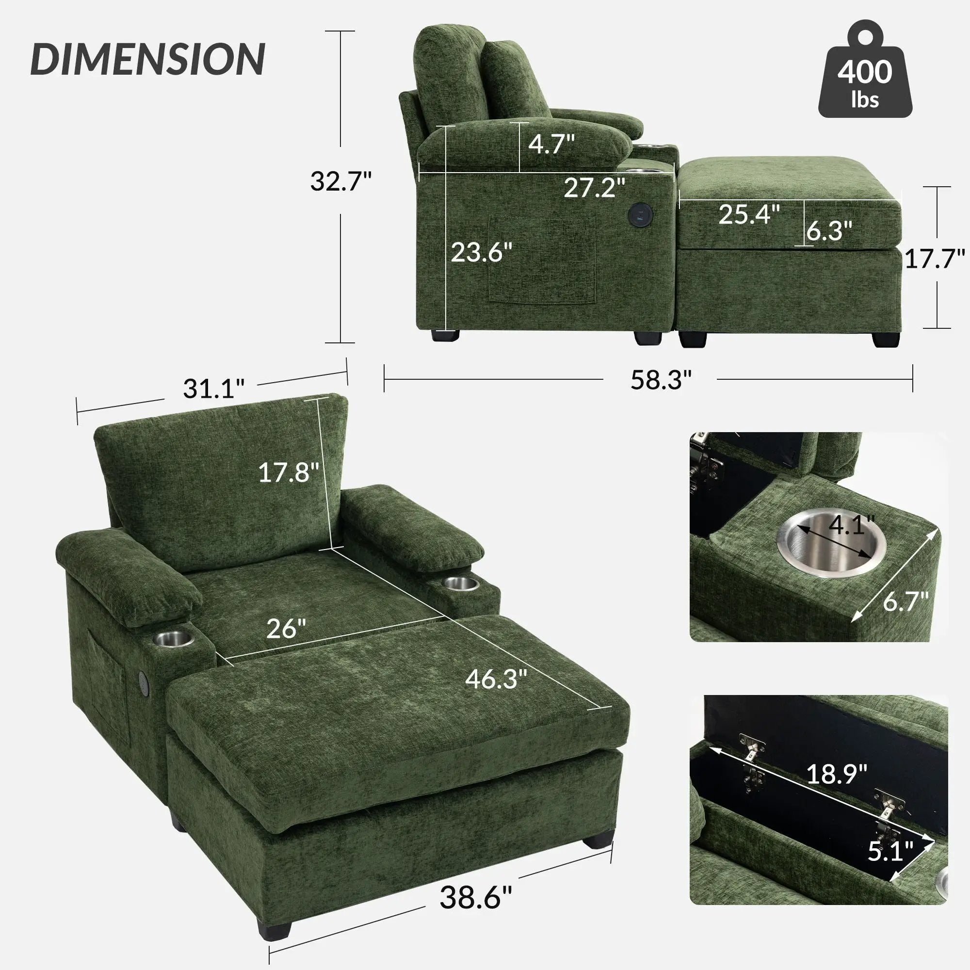 Modern Oversized Chair With Ottoman, Cupholders And USB Charging Ports by Unique Piece Furniture