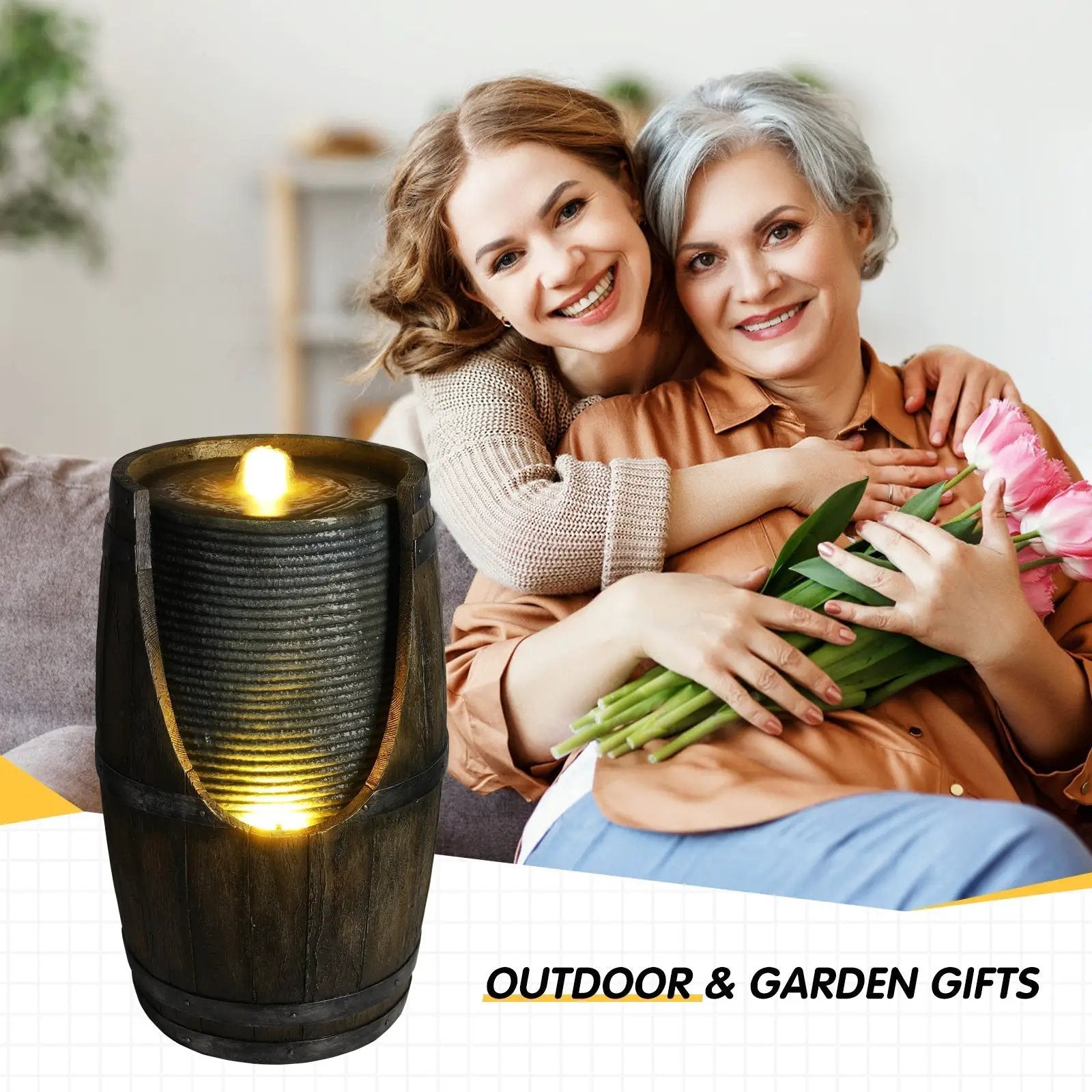 Wooden Barrel Style Outdoor Water Fountain with Lights by HouseOfZazla