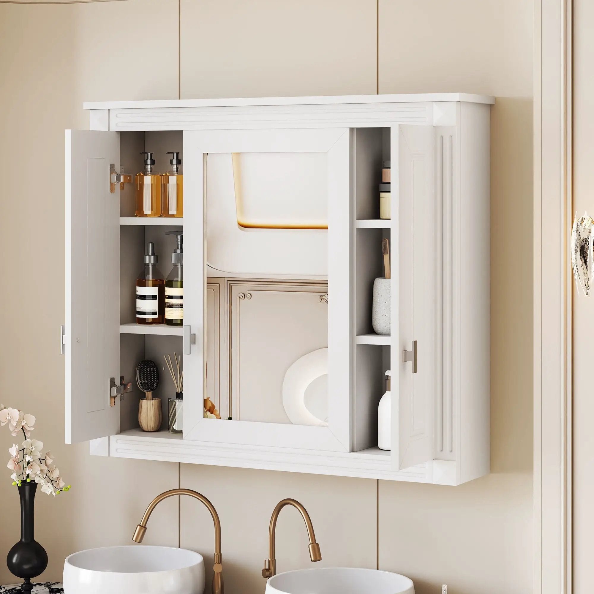 Wall Mounted Bathroom Cabinet With Mirror And 5 Shelves, Rectangular Design by Unique Piece Furniture