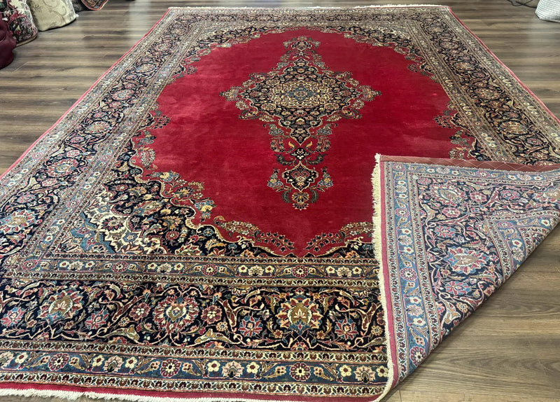 Persian Kashan Rug 9x12, Traditional, Semi Open Field, Red, Signed By Master Weaver, Antique Rug by Jewel Rugs