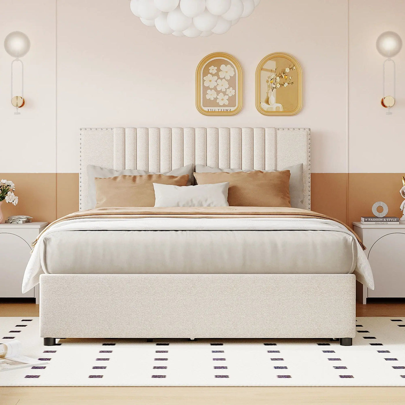 Upholstered Platform Bed With Drawers, Classic Headboard Design by HouseOfZazla