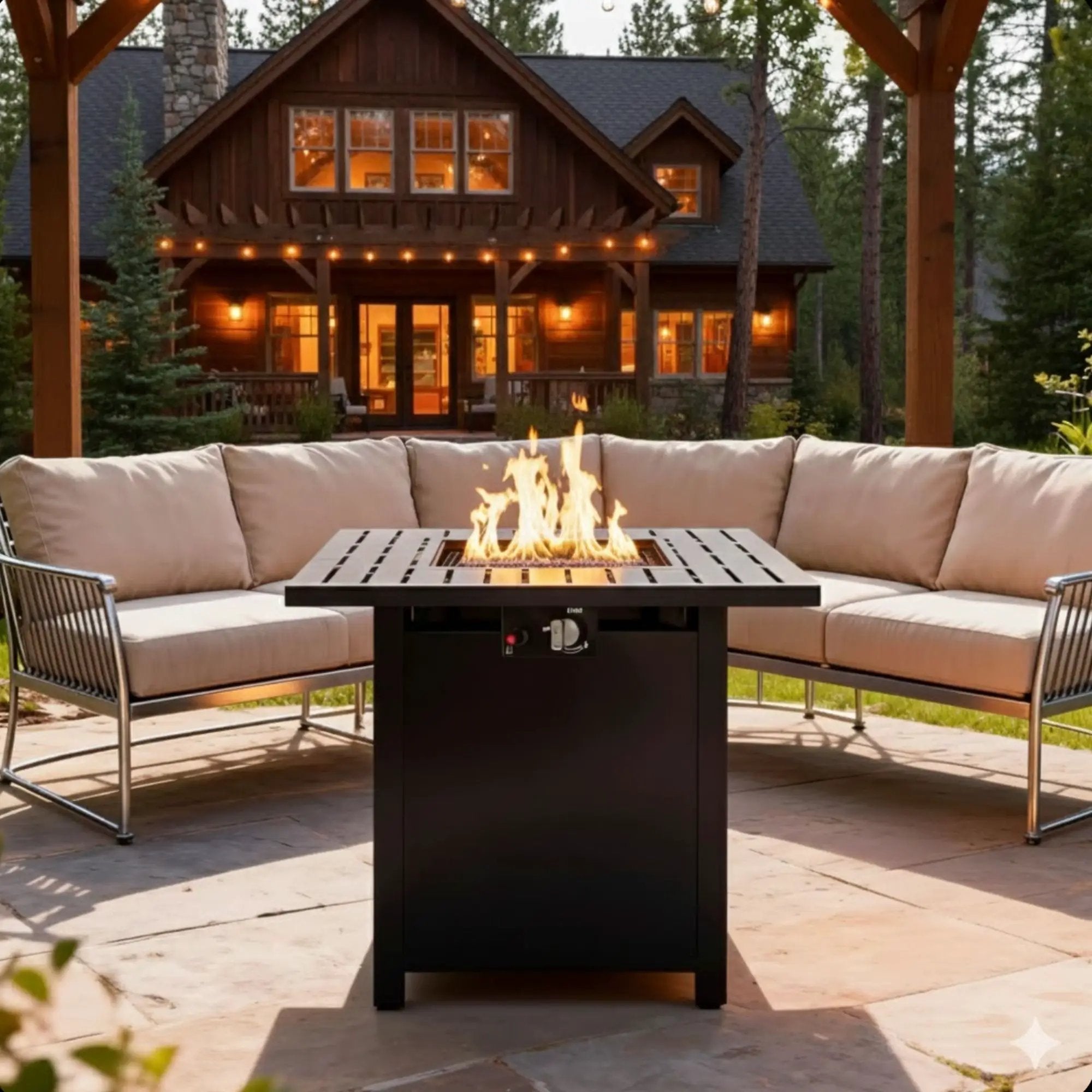 Square 2 In 1 Outdoor Propane Fire Pit Table With Stainless Burner, Lava Rocks, Lid & Waterproof Cover - Black by HouseOfZazla