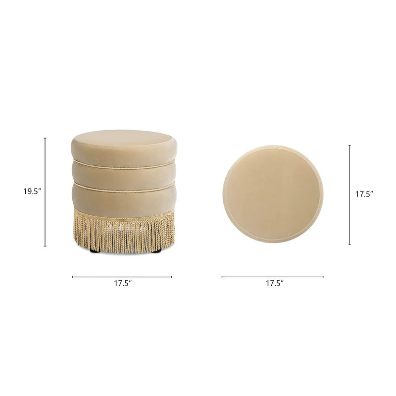 Edward 17.5" Round Upholstered Ottoman with Bullion Fringe by HouseOfZazla