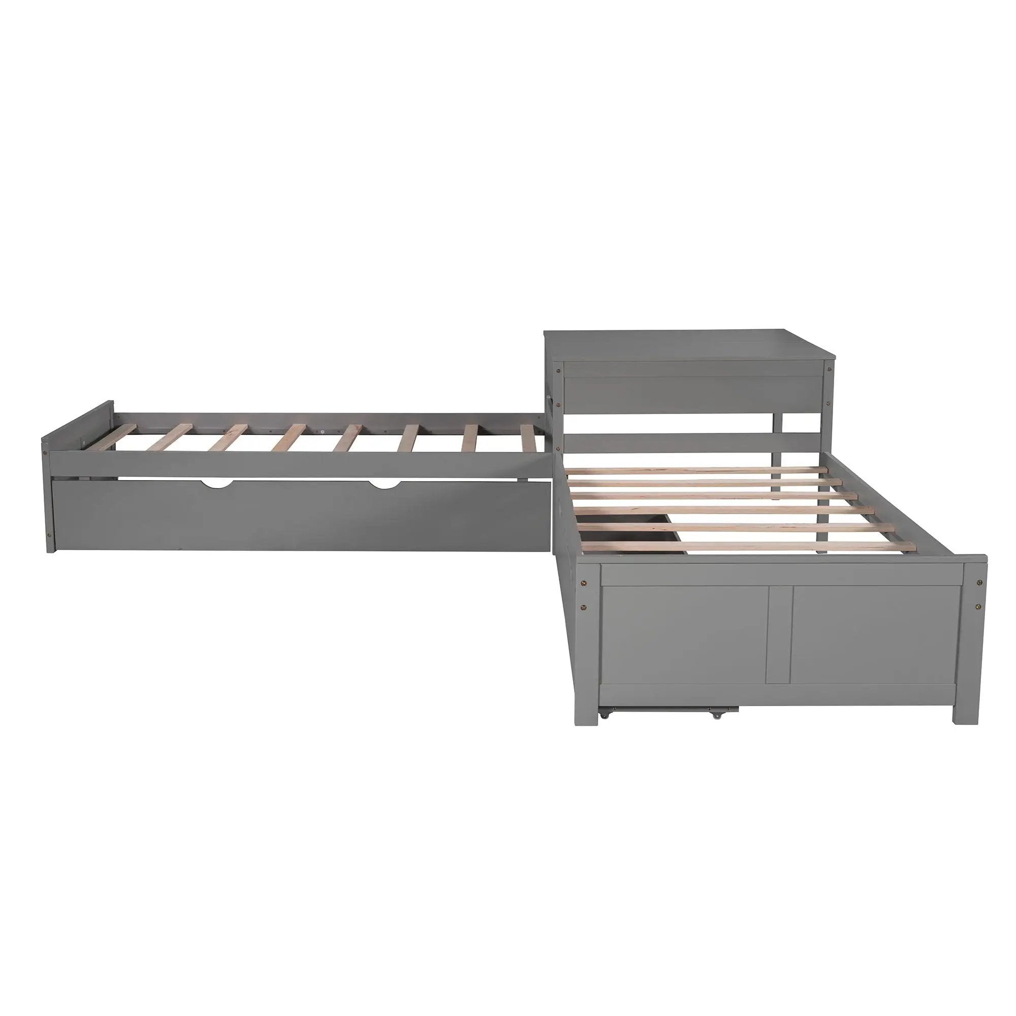 L Shaped Platform Bed With Trundle And Drawers Linked With Built In Desk by HouseOfZazla