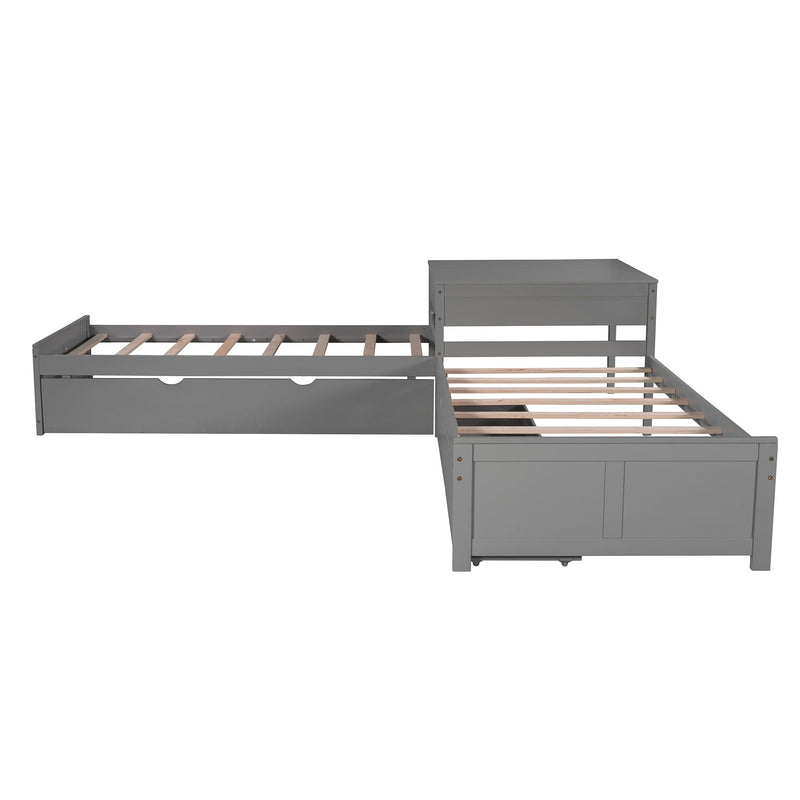 L Shaped Platform Bed With Trundle And Drawers Linked With Built In Desk by HouseOfZazla