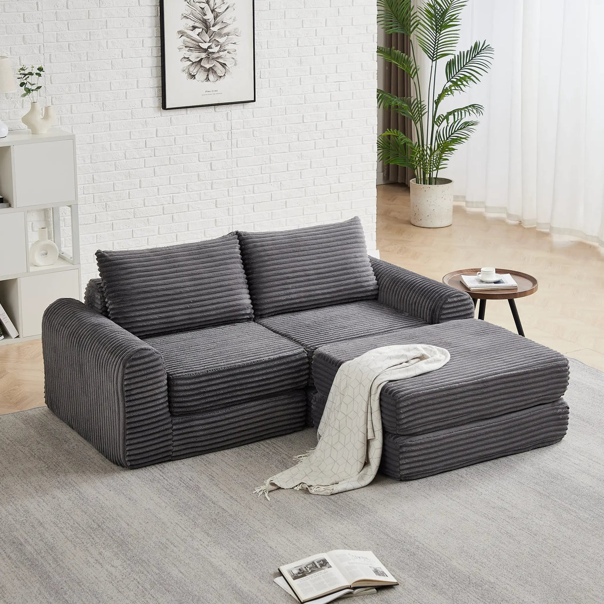 Minimalist Corduroy Sofa Bed with Two Throw Pillows by HouseOfZazla
