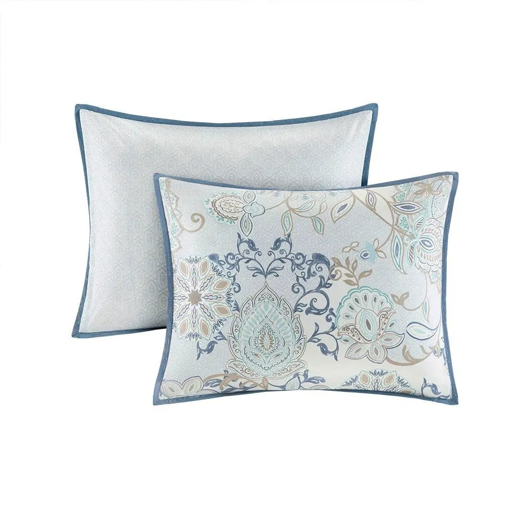 8 Piece Cotton Floral Printed Reversible Comforter Set Blue by HouseOfZazla