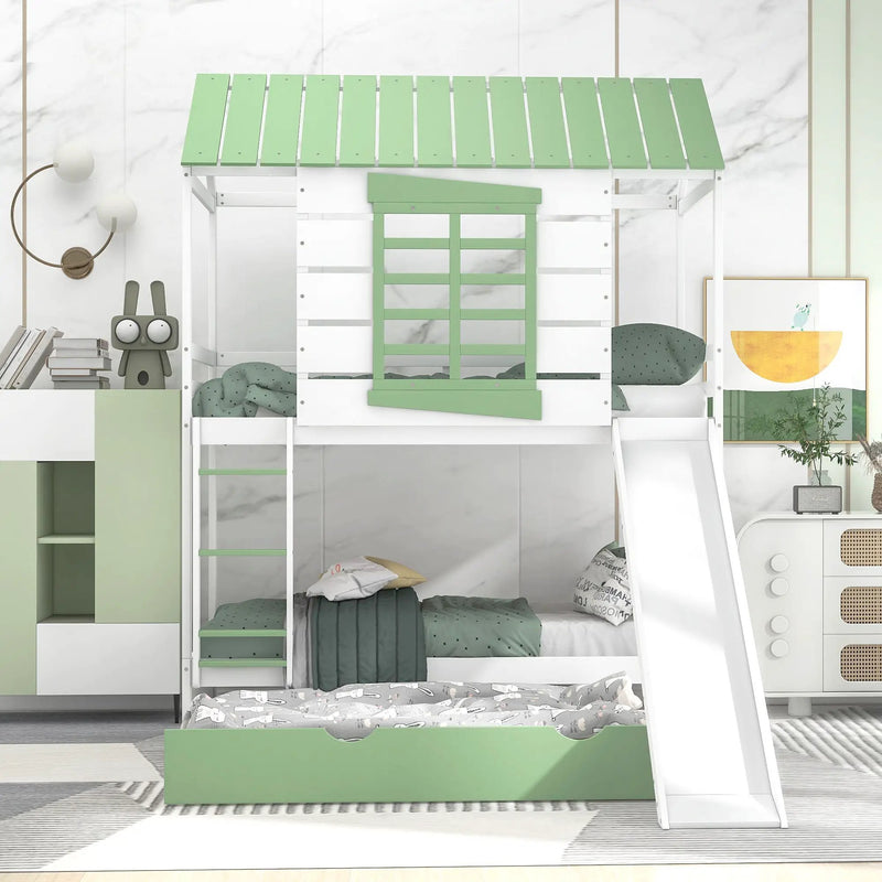 Twin Over Twin House Bunk Bed With Convertible Slide And Trundle - White by HouseOfZazla