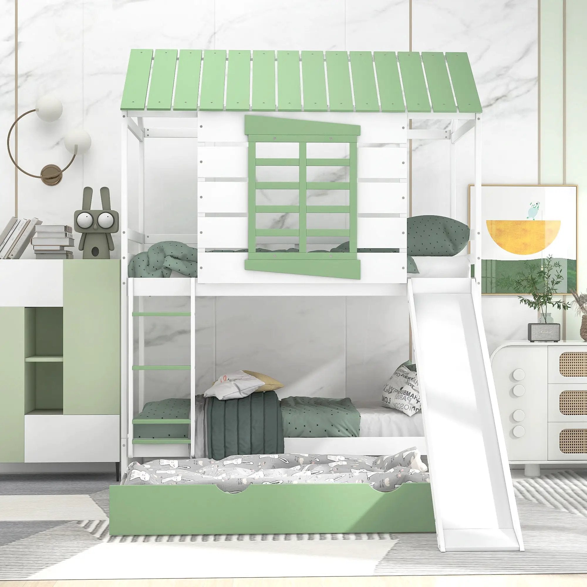 Twin Over Twin House Bunk Bed With Convertible Slide And Trundle - White by Unique Piece Furniture