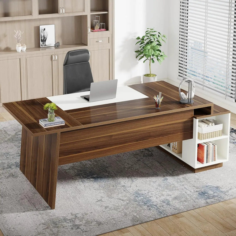 L-Shaped Executive Desk With Storage Cabinet And Shelves For Home Office - White / Walnut by HouseOfZazla