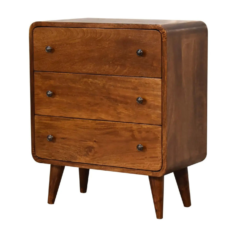 Solid Wood Mini Curved Chestnut Chest, 3-Drawer, Nordic Legs by HouseOfZazla