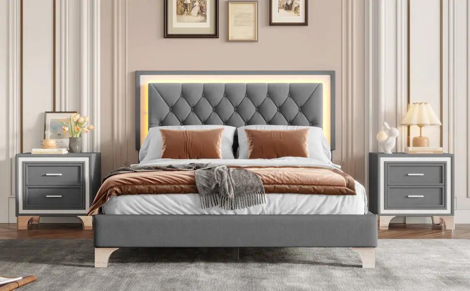 3-Pieces Bedroom Set, Queen Size Upholstered Platform Bed with LED Lights and Two Nightstands - Gray by HouseOfZazla