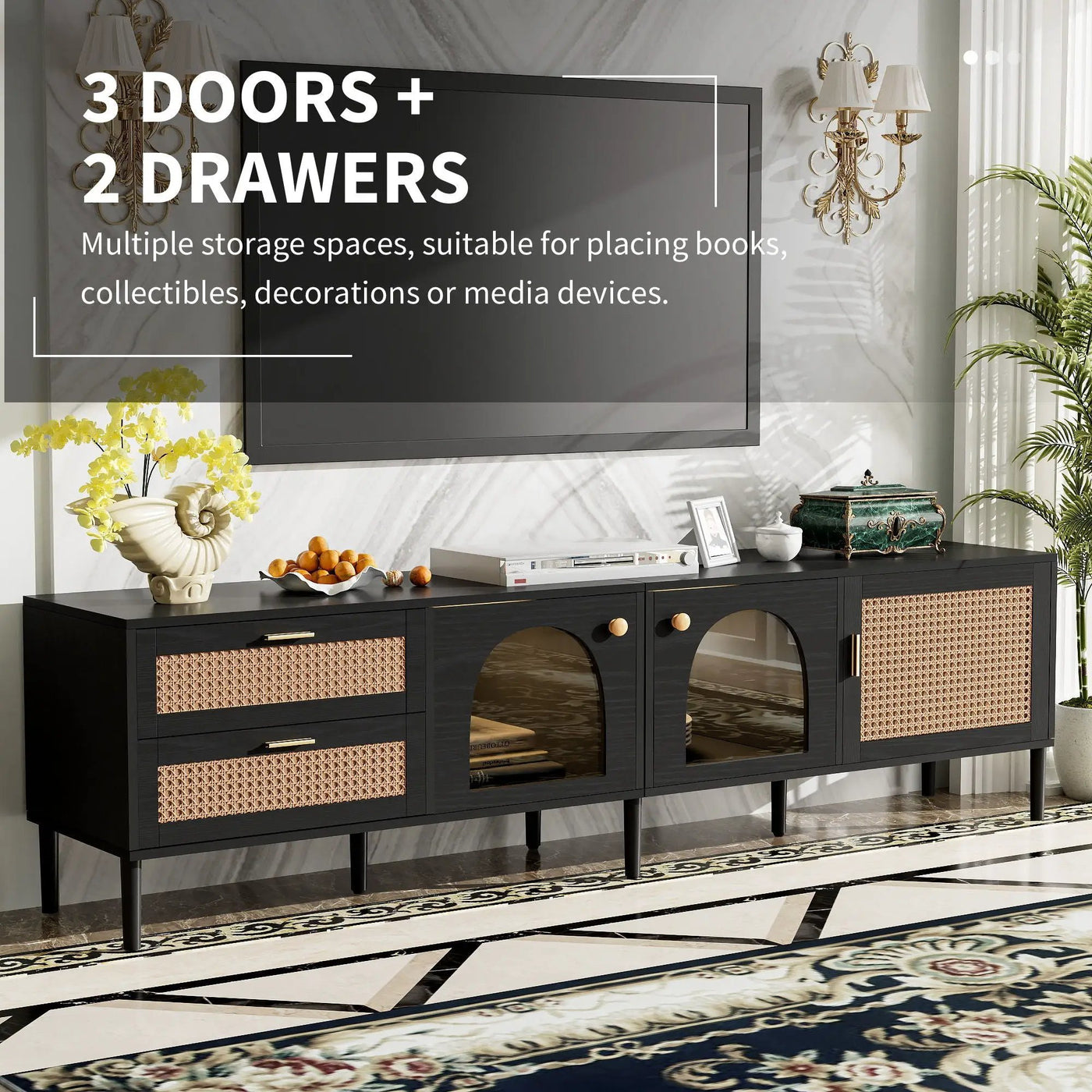 TV Stand With App-Controlled LED Lights, 2 Drawers & Door Storage by HouseOfZazla