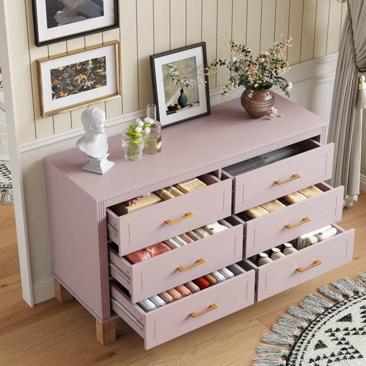 6-Drawer Double Dresser , Modern Storage Cabinet with Metal Handles & Solid Wood Legs, Dresser Drawer Organizer for Kids Bedroom, Heavy-Duty Wooden Dresser with Pre-Installed, photo 3 of 10