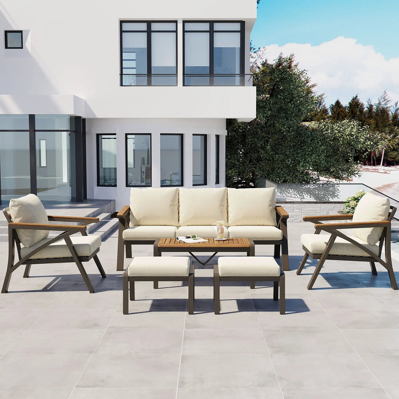 6-Piece Outdoor Patio Furniture Set with Steel Frame Sofa & Acacia Wood Table by HouseOfZazla