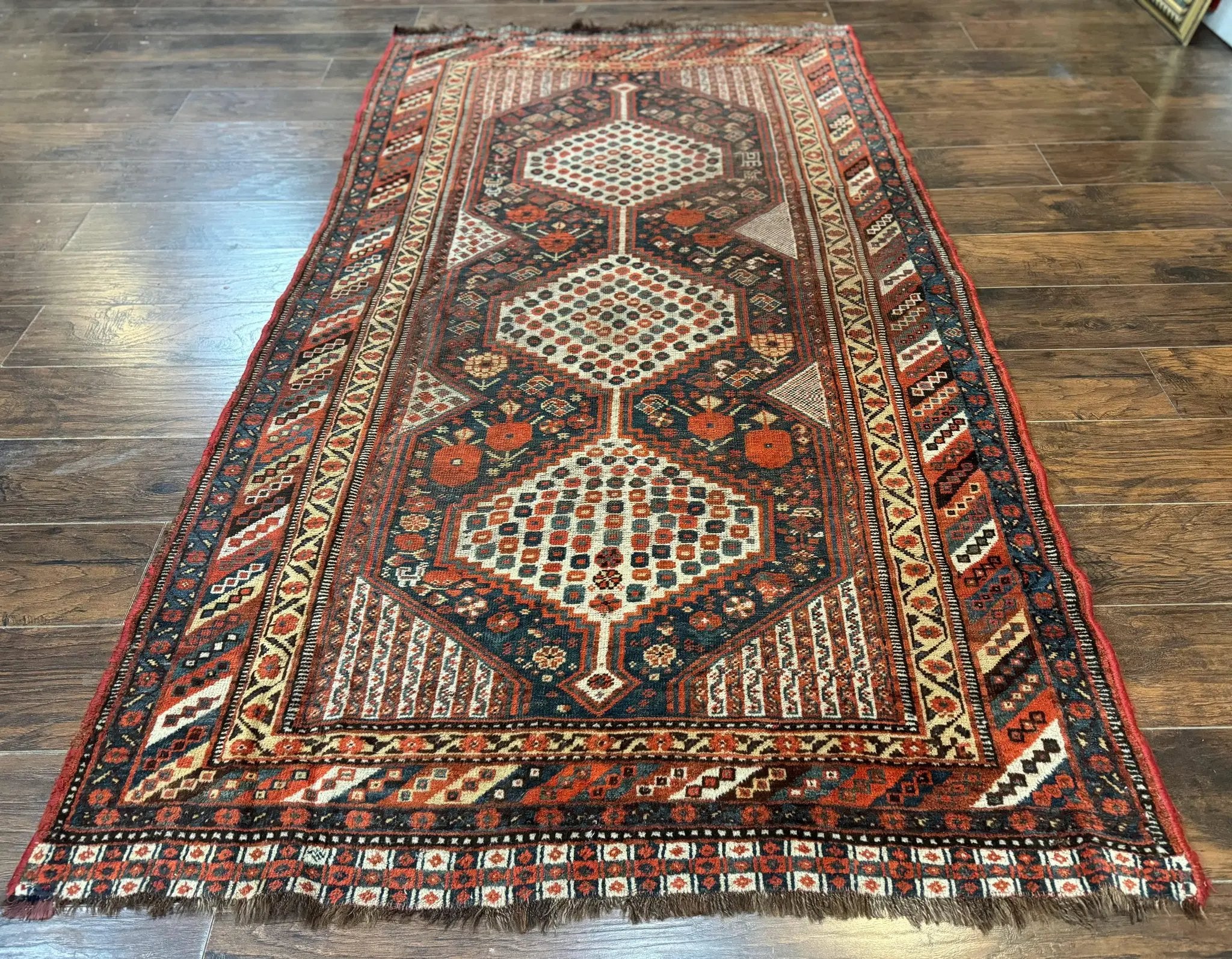 Antique Persian Shiraz Rug 5x8, Khamseh Tribal Wool 1920s Carpet, Navy Blue by Jewel Rugs
