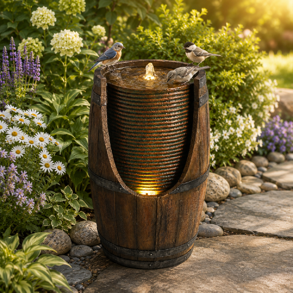 Resin Rustic Barrel Outdoor Water Fountain 24 Inch LED, photo 9 of 10