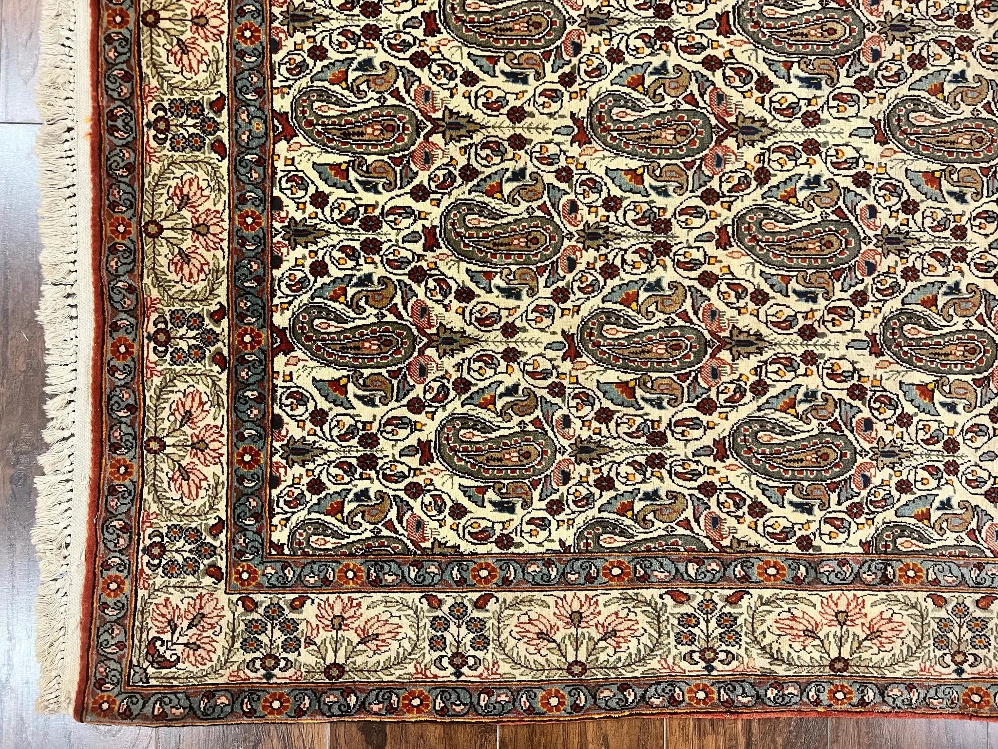 Persian Qum Rug 5x6, Cream Wool Hand Knotted Carpet, Repeated Boteh Paisely Design, Semi Antique Vintage Rug, Very Fine Weave 5 x 6 Rug by Jewel Rugs