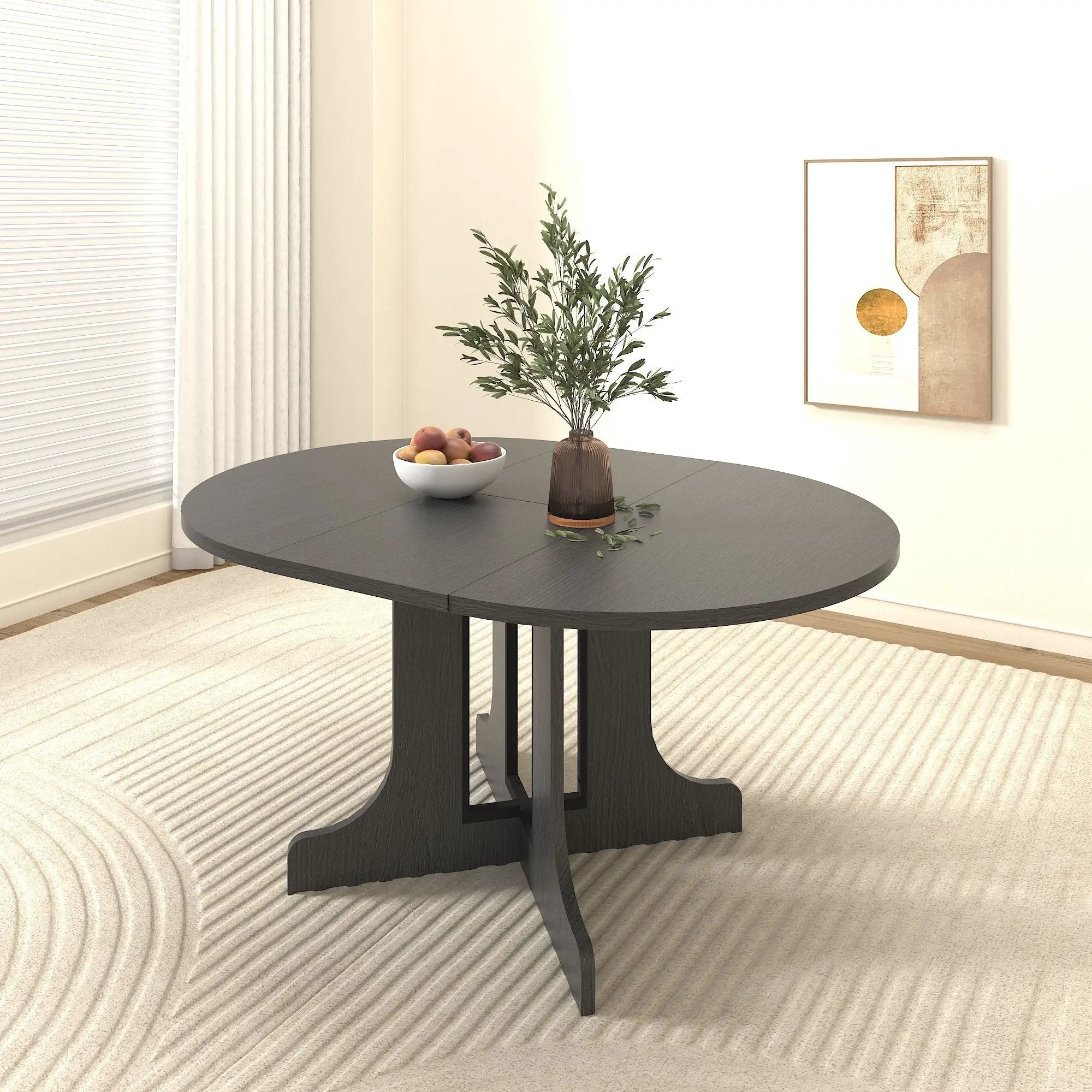 Dining Table For Farmhouse Kitchen Expandable Oval Table Top With Removable Leaf Trestle X Shaped Base - Black by HouseOfZazla