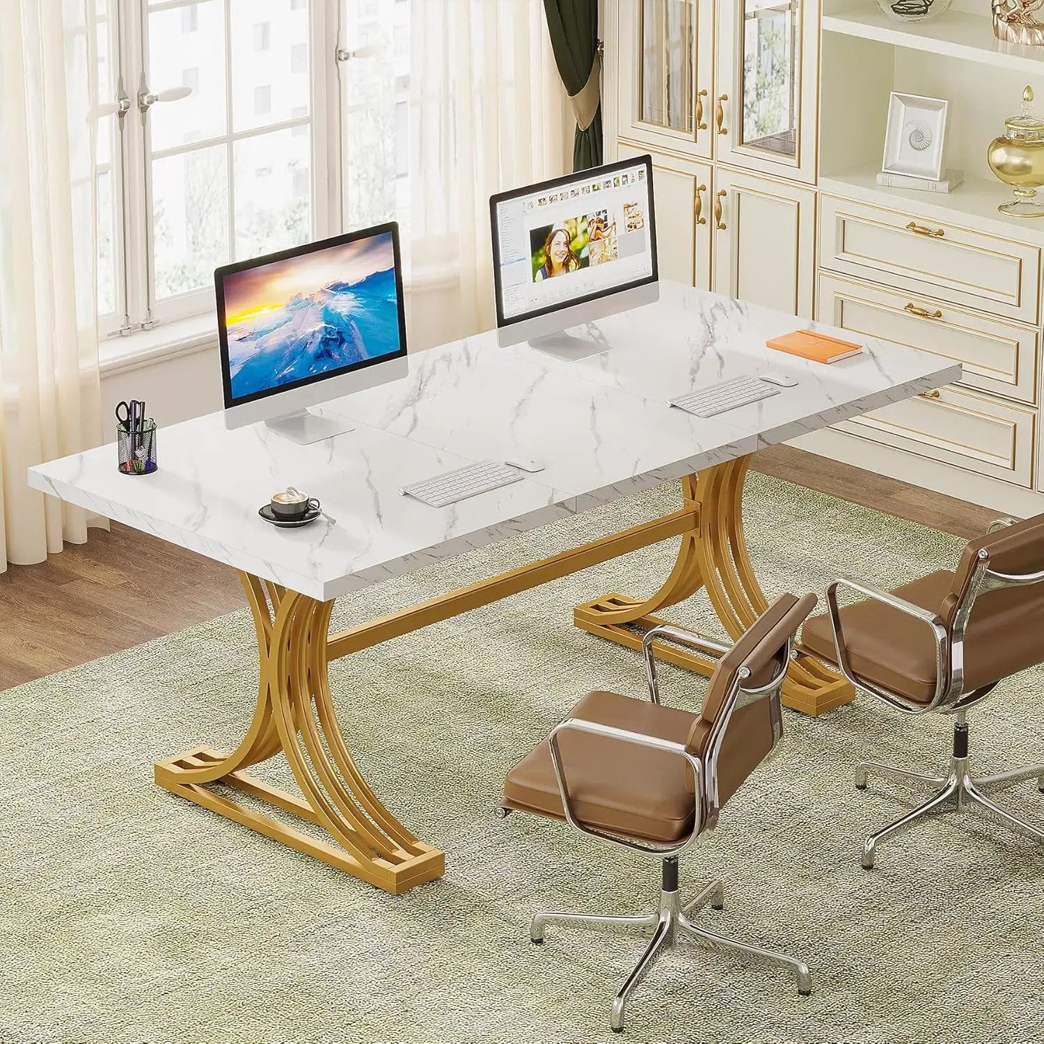 Executive Desk With X-Legs, Sturdy Office Workstation For Home Office - White / Gold by HouseOfZazla