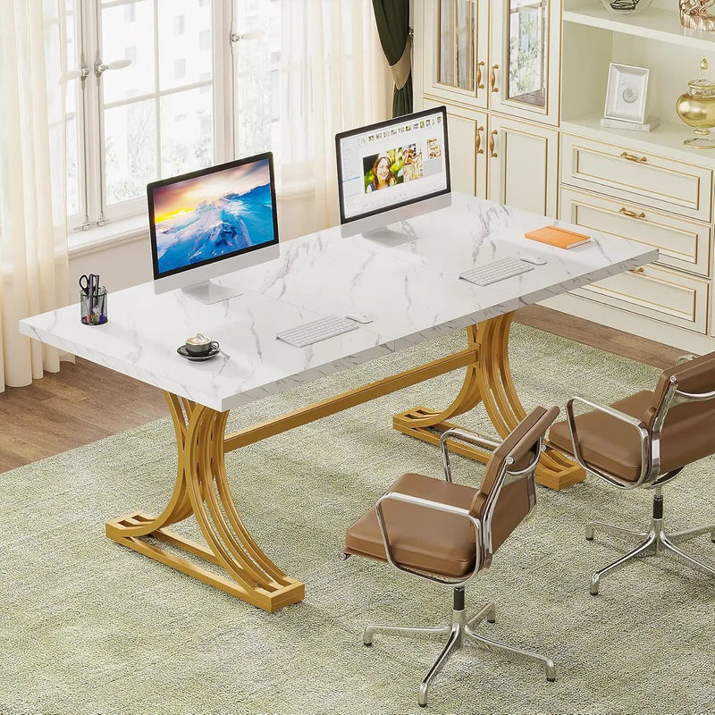 Executive Desk With X-Legs, Sturdy Office Workstation For Home Office - White / Gold by HouseOfZazla