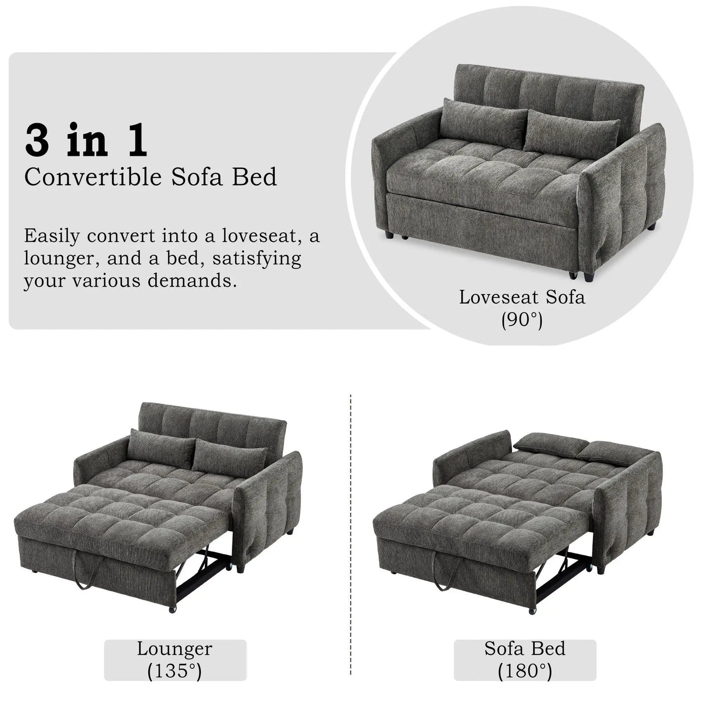Loveseat Sofa Pull-Out Bed With Adjustable Backrest, 3 USB Ports And 2 Lumbar Pillows For Living Room by Unique Piece Furniture
