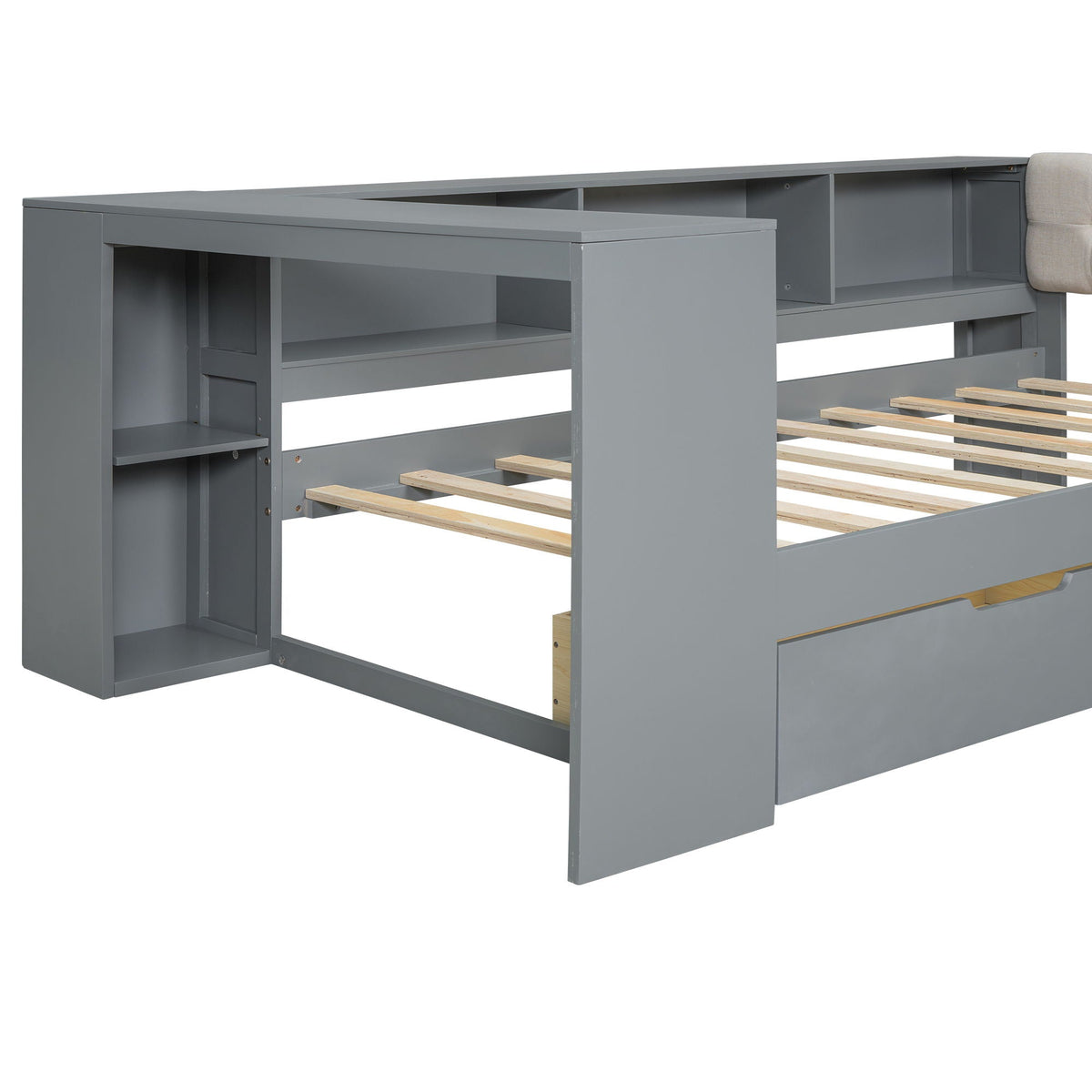 Upholstered Headboard Storage Bed with Shelves, Drawers, and Charging Station - Dark Gray or Beige, photo 35 of 40