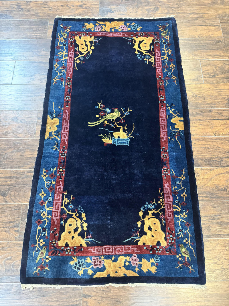 Antique Chinese Peking Rug 3x6, Dark Blue, Bird Motif, Handmade Wool Art Deco Asian Oriental Carpet, Pair A by Jewel Rugs