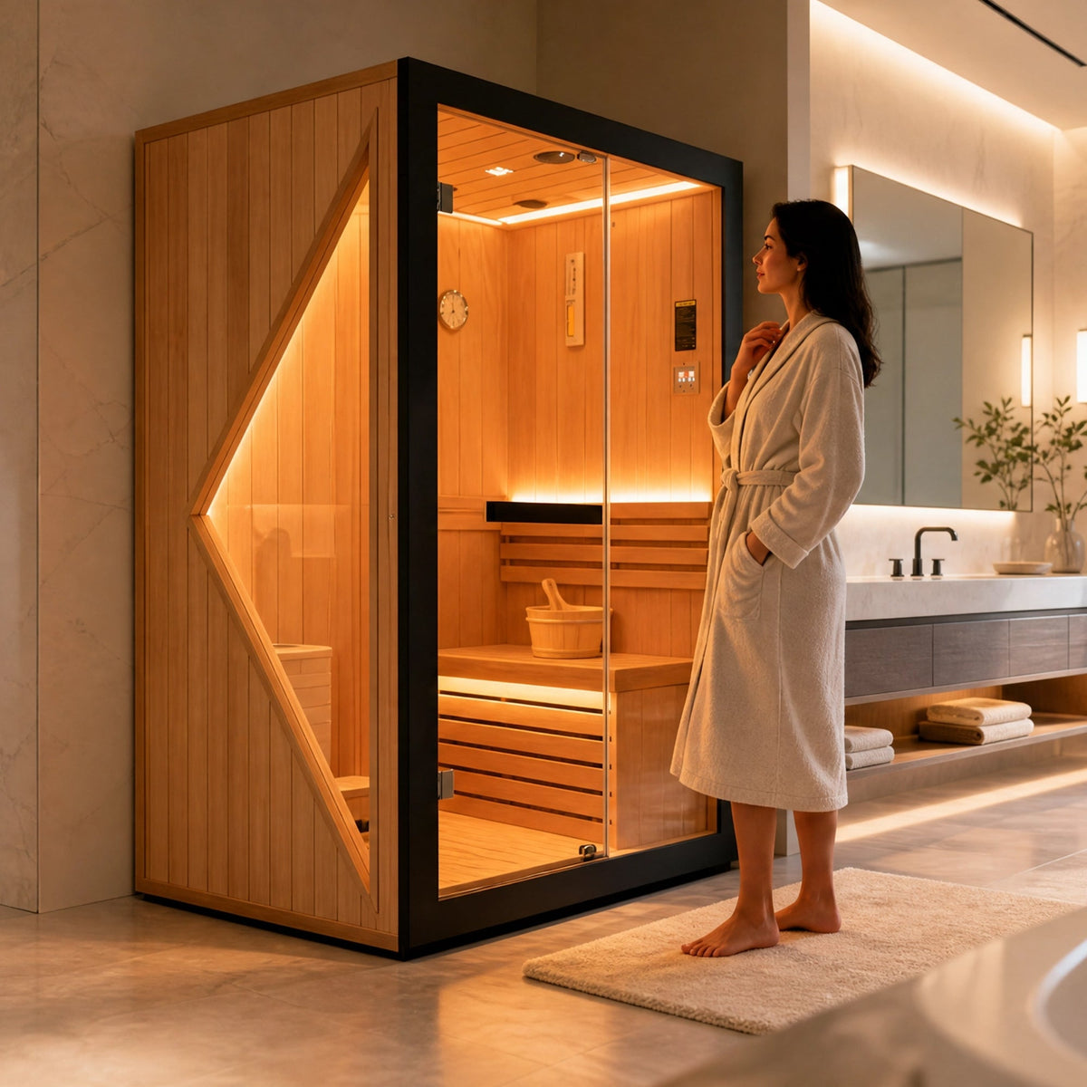 African Pine Indoor Sauna with Double Stove & LED Lighting - Natural Pine, photo 2 of 10