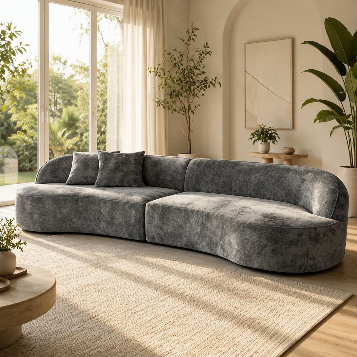 Curved Chenille Fabric Sectional Sofa with High-Density Foam - Dark Grey, Beige White, Dark Green, photo 4 of 10