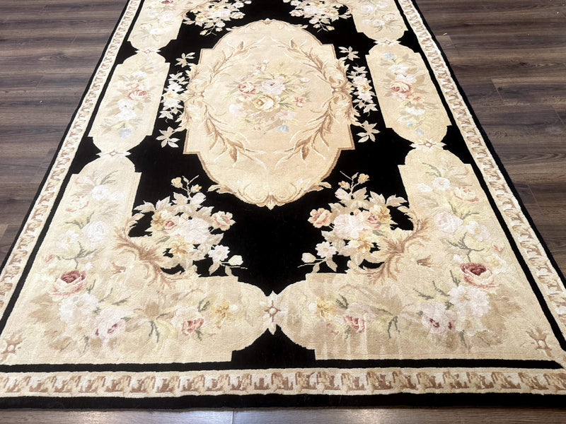 Chinese Aubusson Rug 6x9, Wool Pile, Black, Floral, Elegant by Jewel Rugs