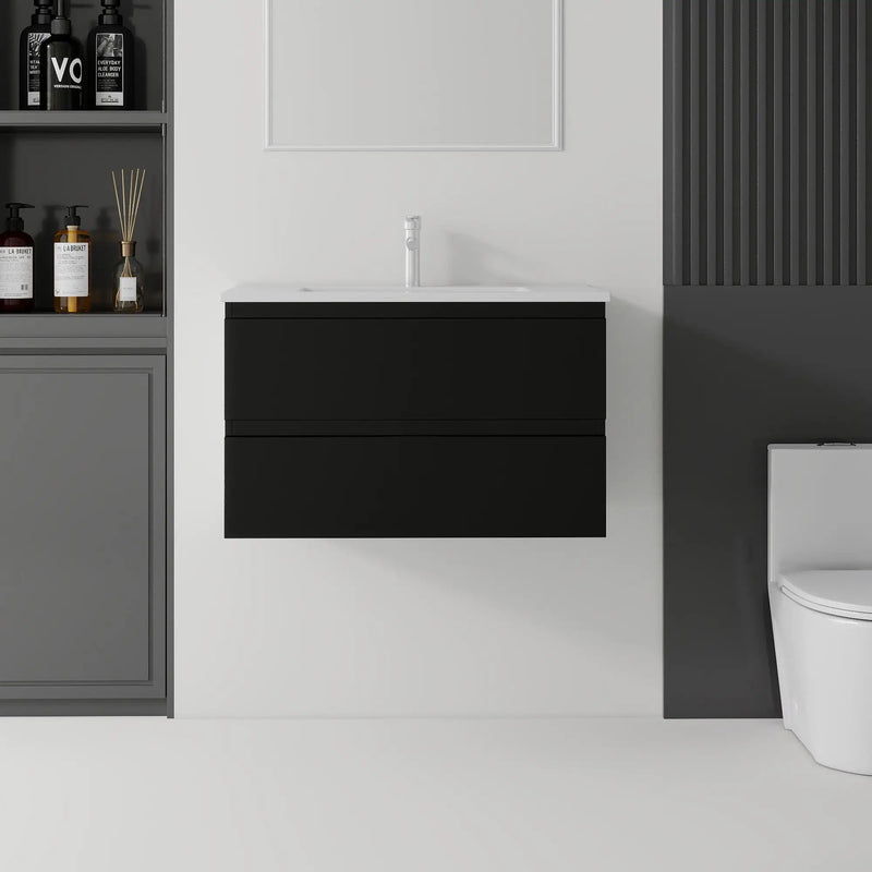 30 Inch Floating Bathroom Vanity with Sink, Soft-Close Drawer, Ceramic Sink, Plywood by HouseOfZazla
