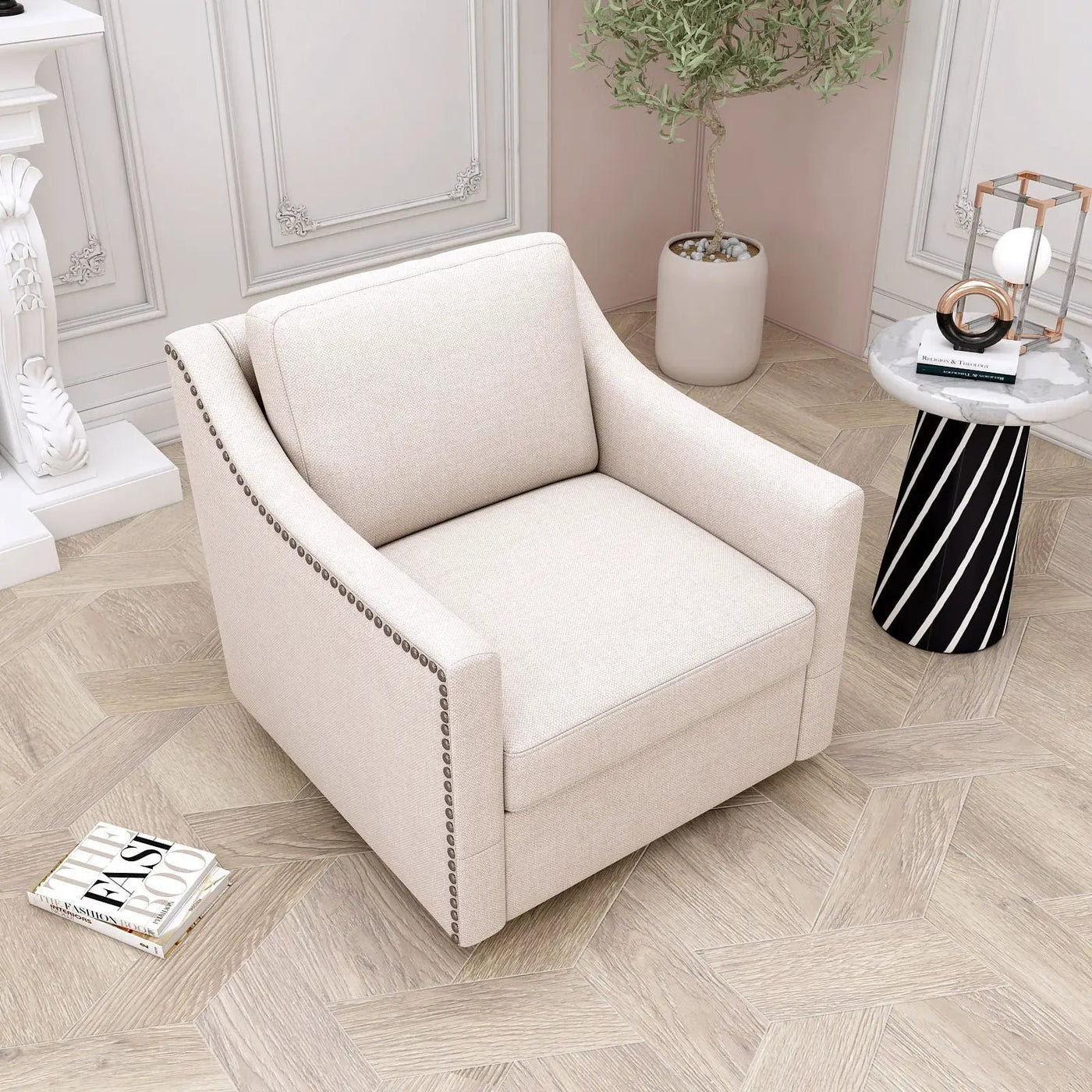 360 Degree Swivel Armchair, Skin Friendly Fabric, Ergonomic Design, Brass Nail Decorative Armchair by HouseOfZazla