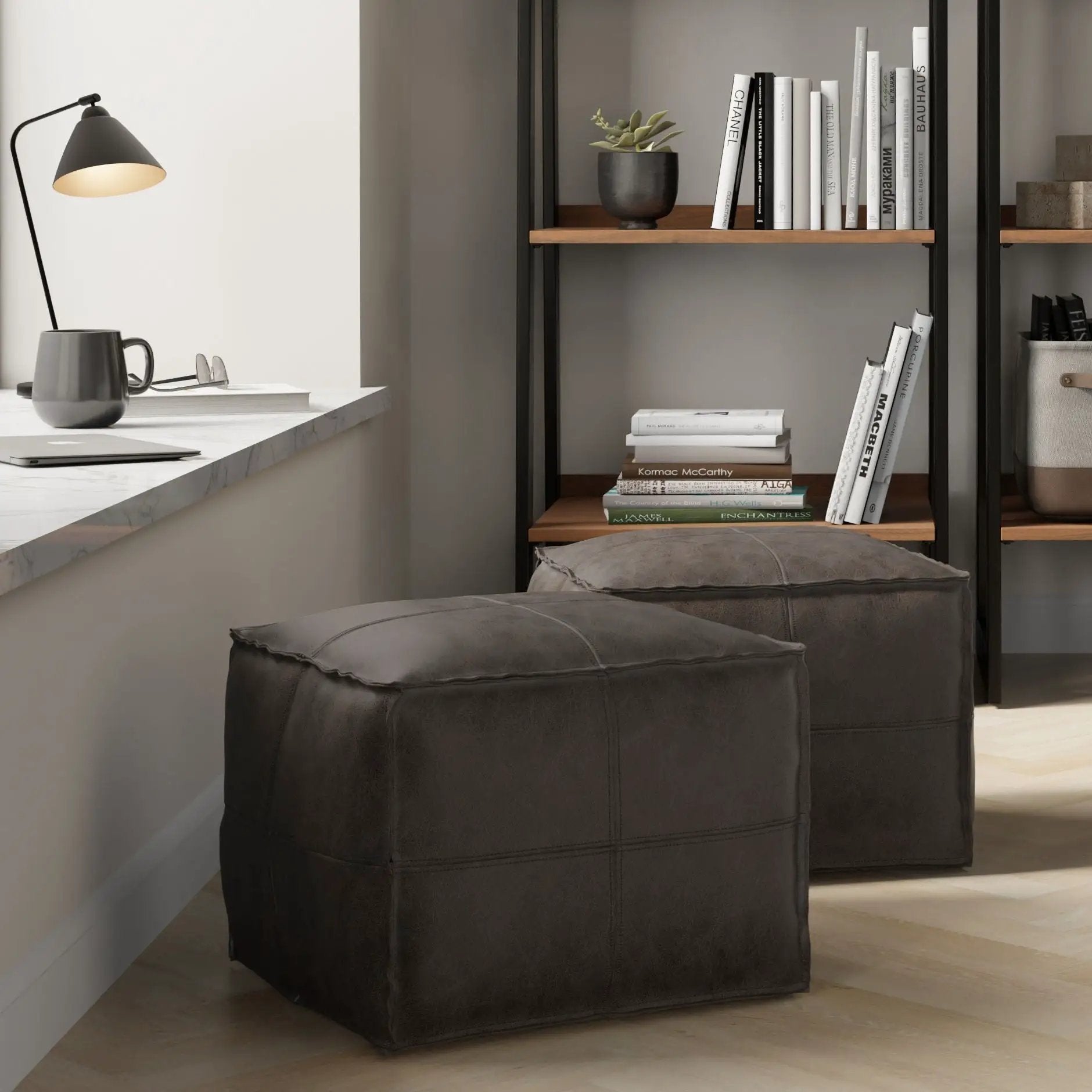 Sheffield - Square Pouf - Distressed Dark Brown by Unique Piece Furniture