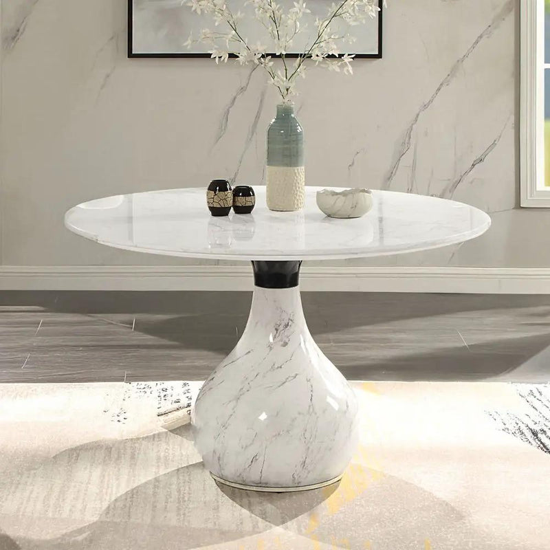 Koen - Round Dining Table, Engineering Marble Top - White & Black by Unique Piece Furniture