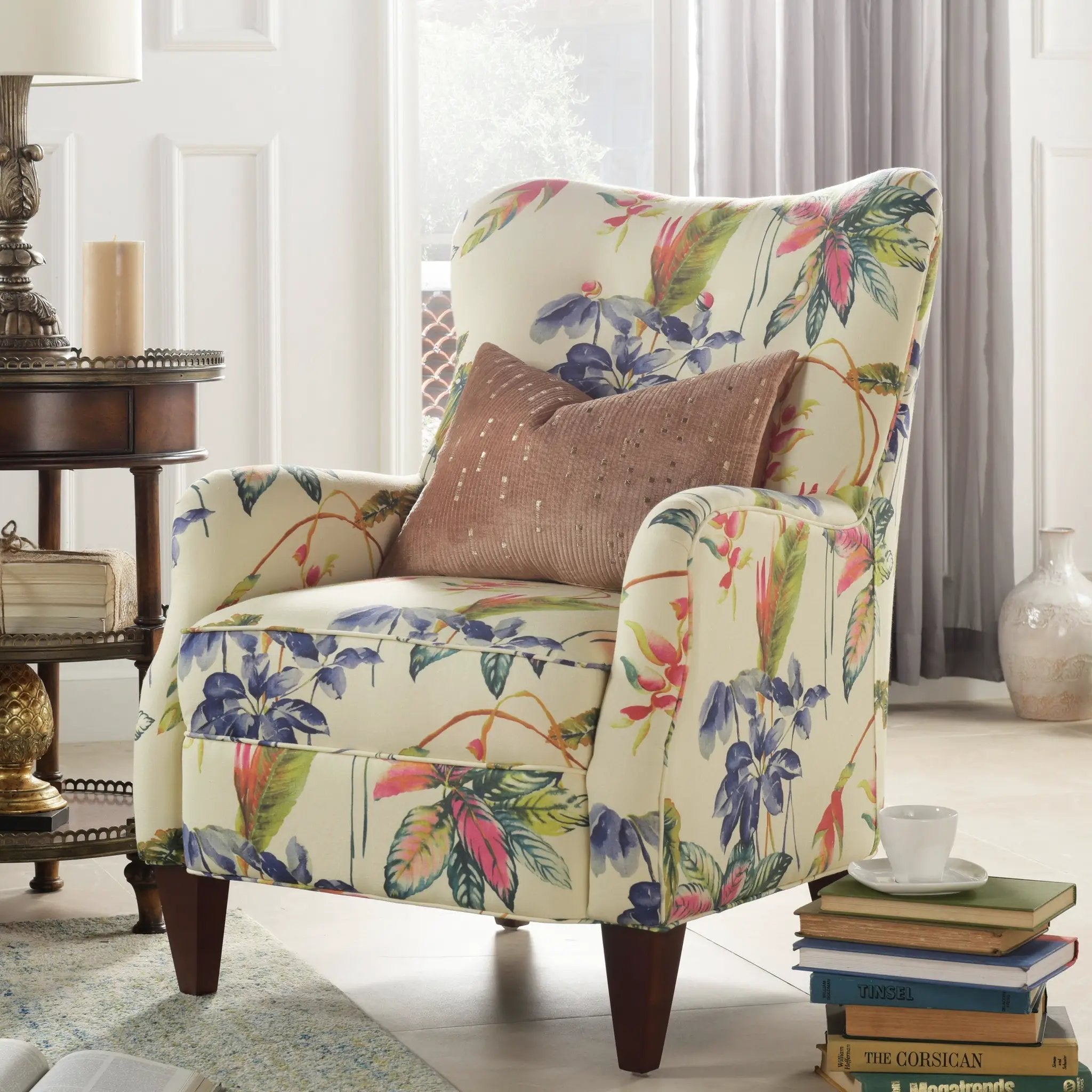 Paradise Upholstered Arm Chair, Off-White/Floral Printed On Cotton by HouseOfZazla