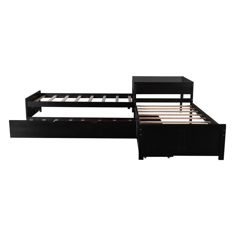 L Shaped Platform Bed With Trundle And Drawers Linked With Built In Desk by HouseOfZazla