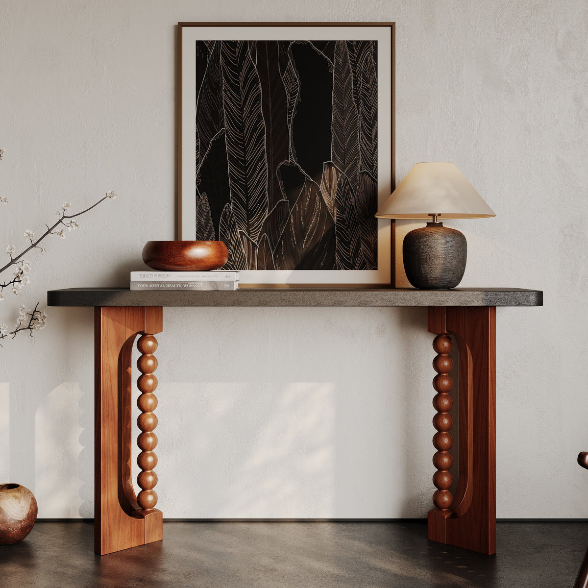 Wood Console Table with Lacquered Finish and Spherical Legs - Natural