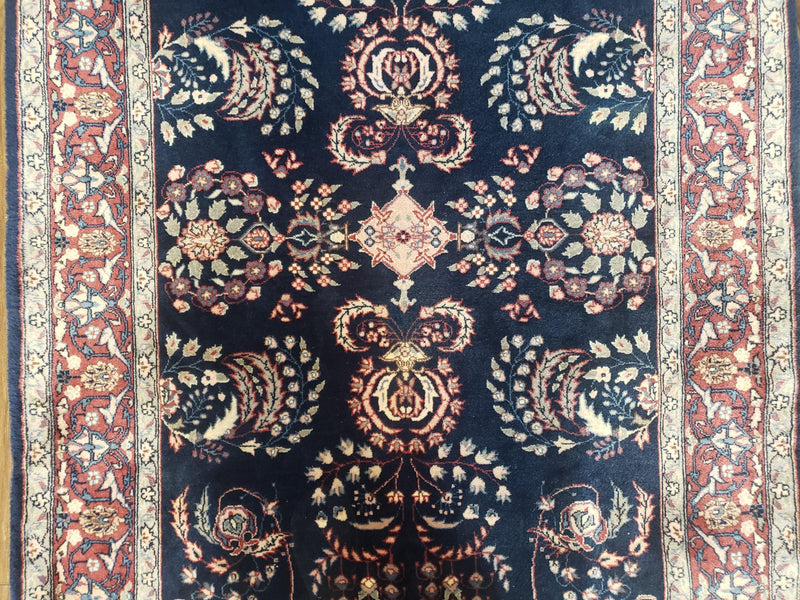 Dark Blue Indo Persian Rug 4x6, Medium Size Hand Knotted Oriental Carpet, Traditional Floral Indian Rug, Blue and Red Entryway Rug, Wool Rug by Jewel Rugs